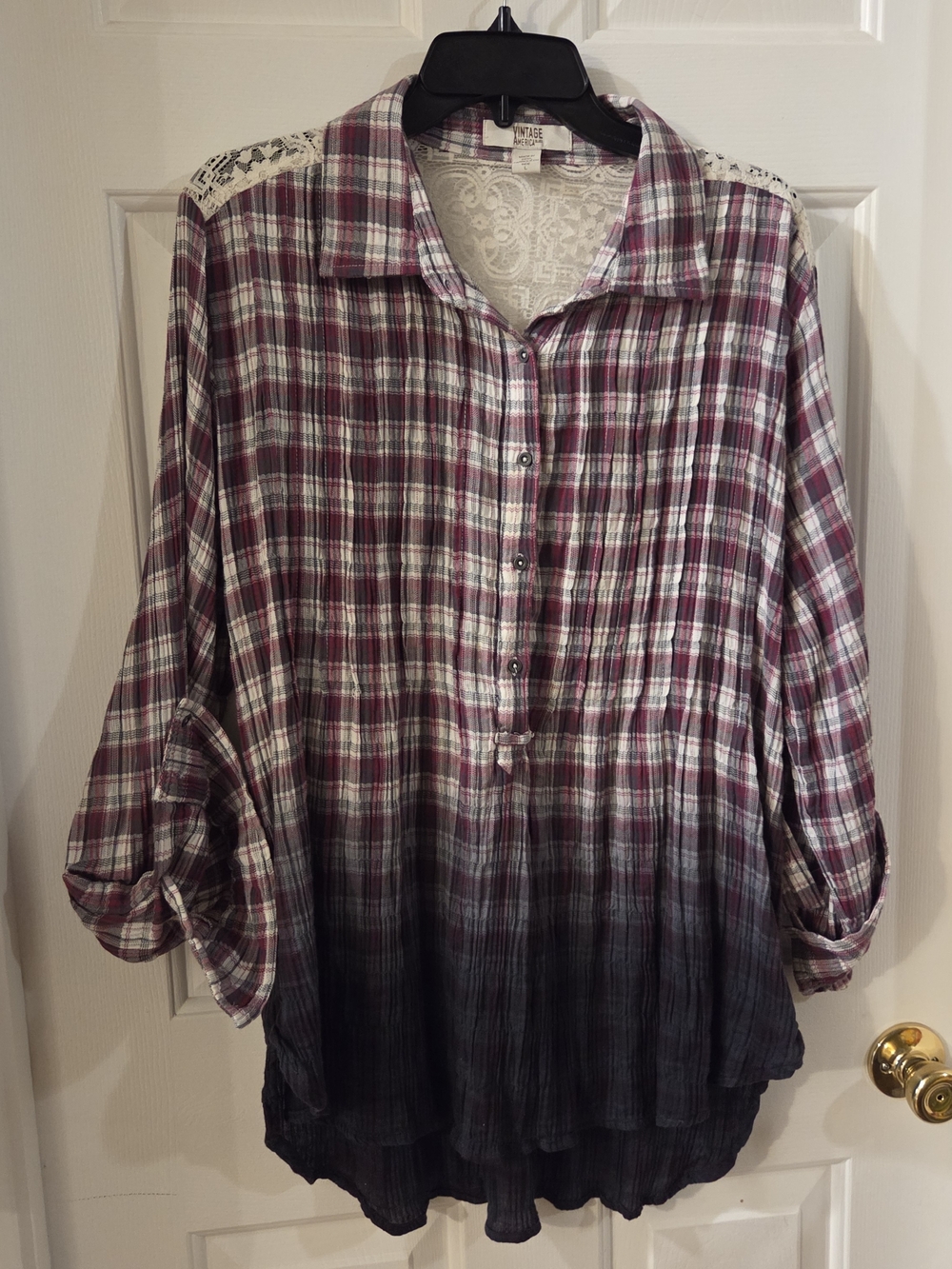 Vintage America Ombre Plaid Lace-Shoulder Button-Down Shirt - Plum/Black/White